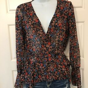 BCBGeneration Black Floral Wrap Blouse with Red & Blue Flowers